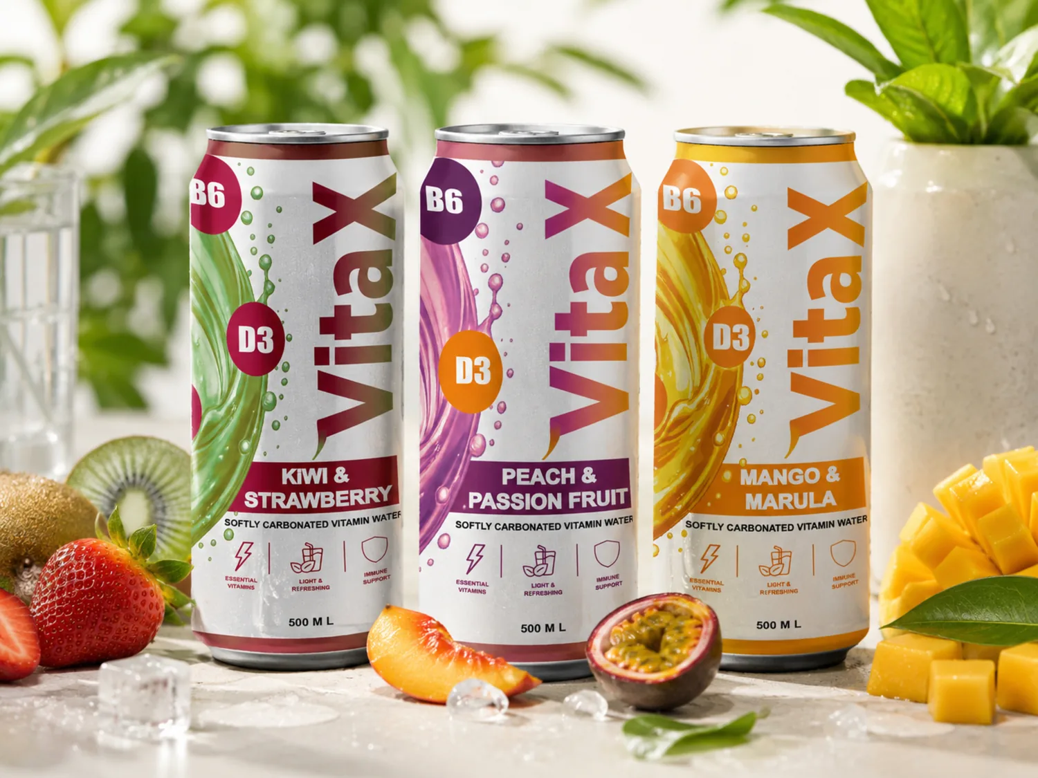 VITA X range — Kiwi & Strawberry, Peach & Passion Fruit, Mango & Marula